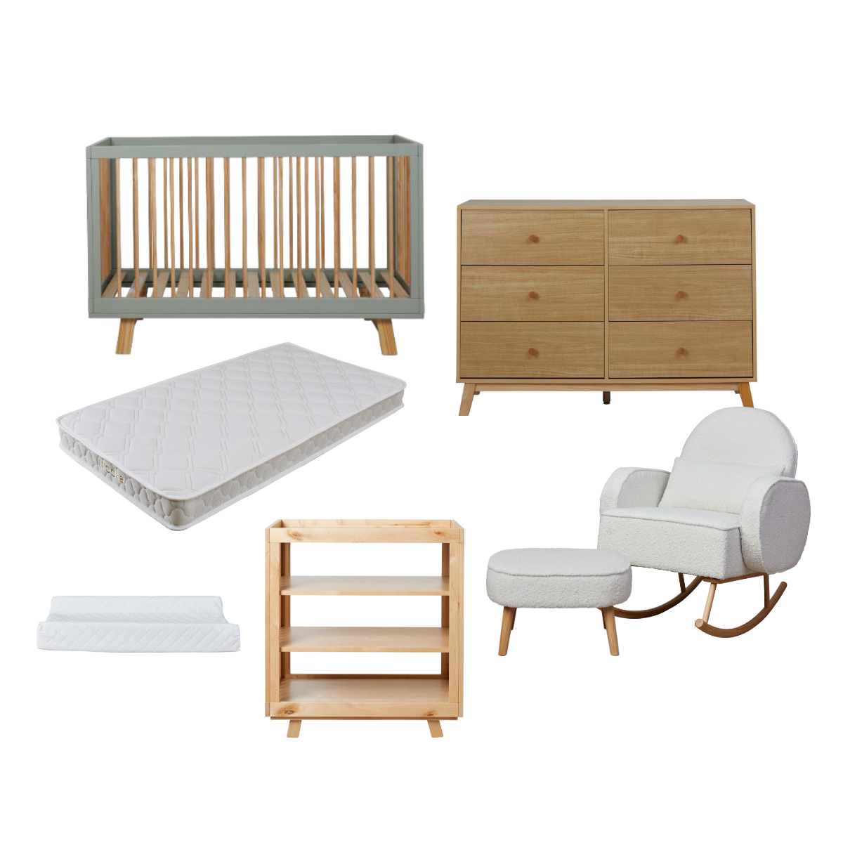 Aspen Sage Natural Seven Piece Nursery Furniture Set