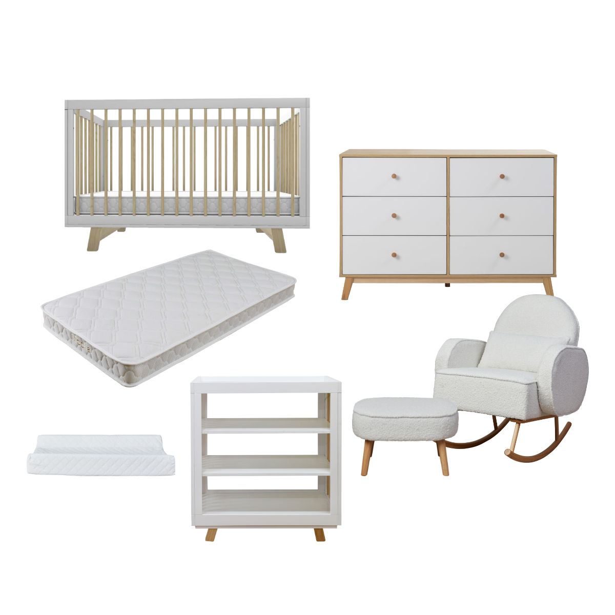 Aspen White Natural Seven Piece Nursery Furniture Set