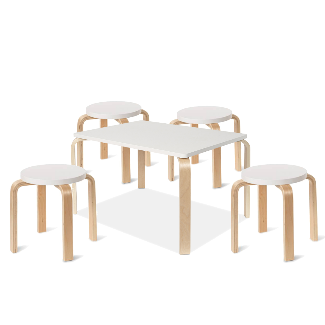 Hudson White Natural Rectangular Four Seater Stool Set