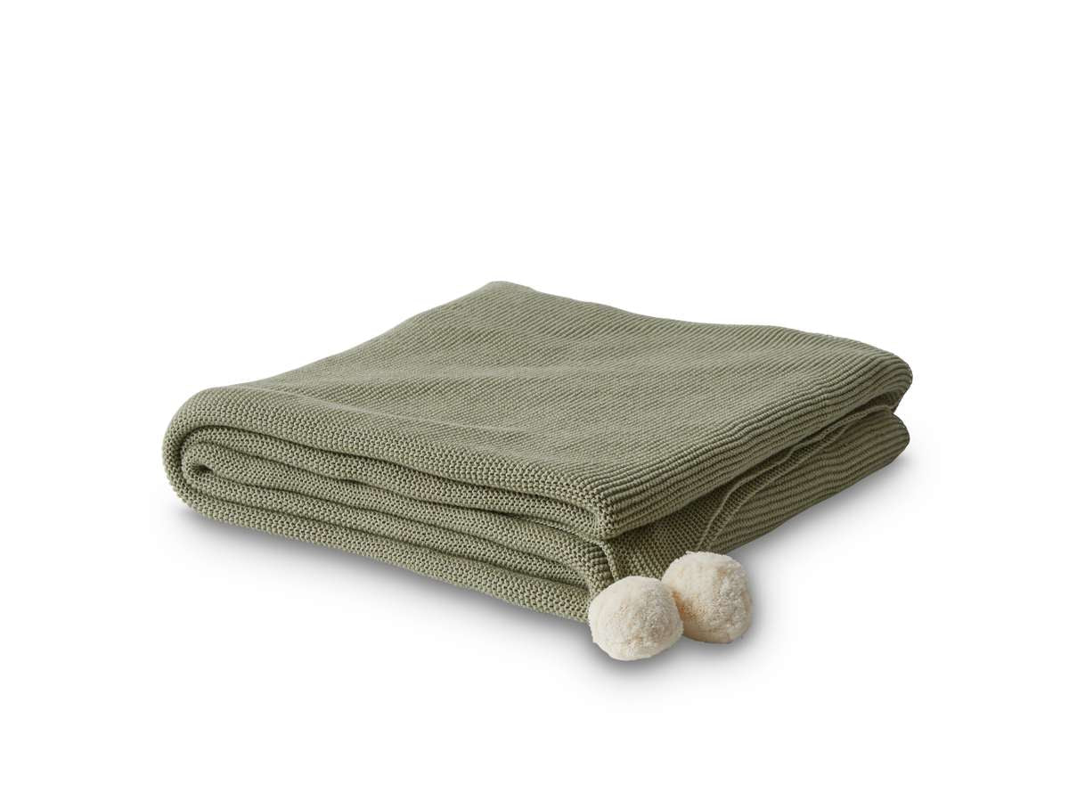 Priya Pompom Knit Throw - Sage/Cream