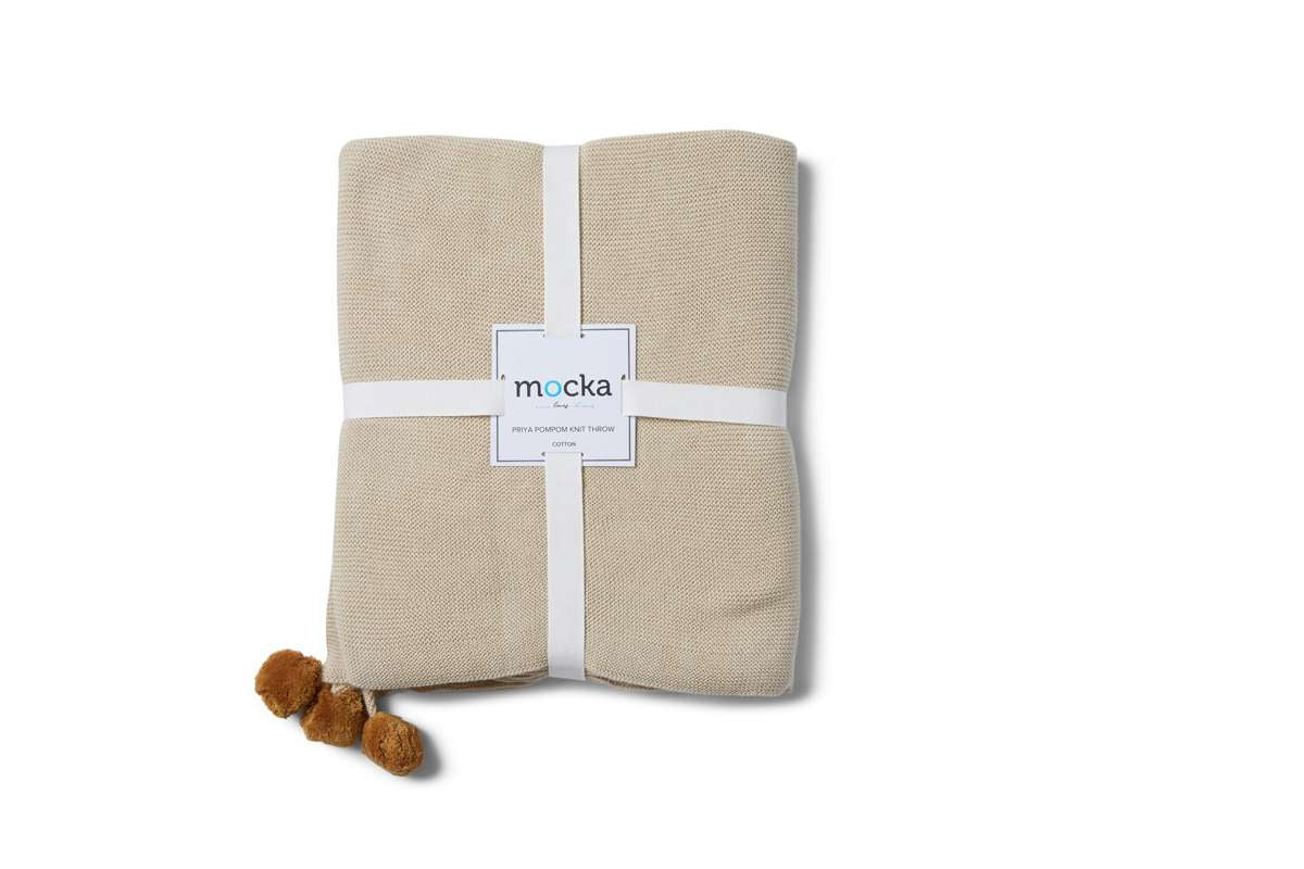 Priya Pompom Knit Throw - Oatmeal/Mustard