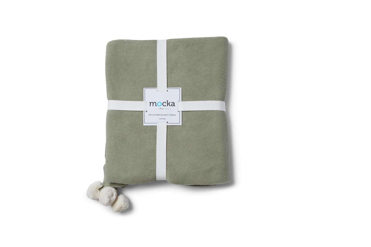 Priya Pompom Knit Throw - Sage/Cream