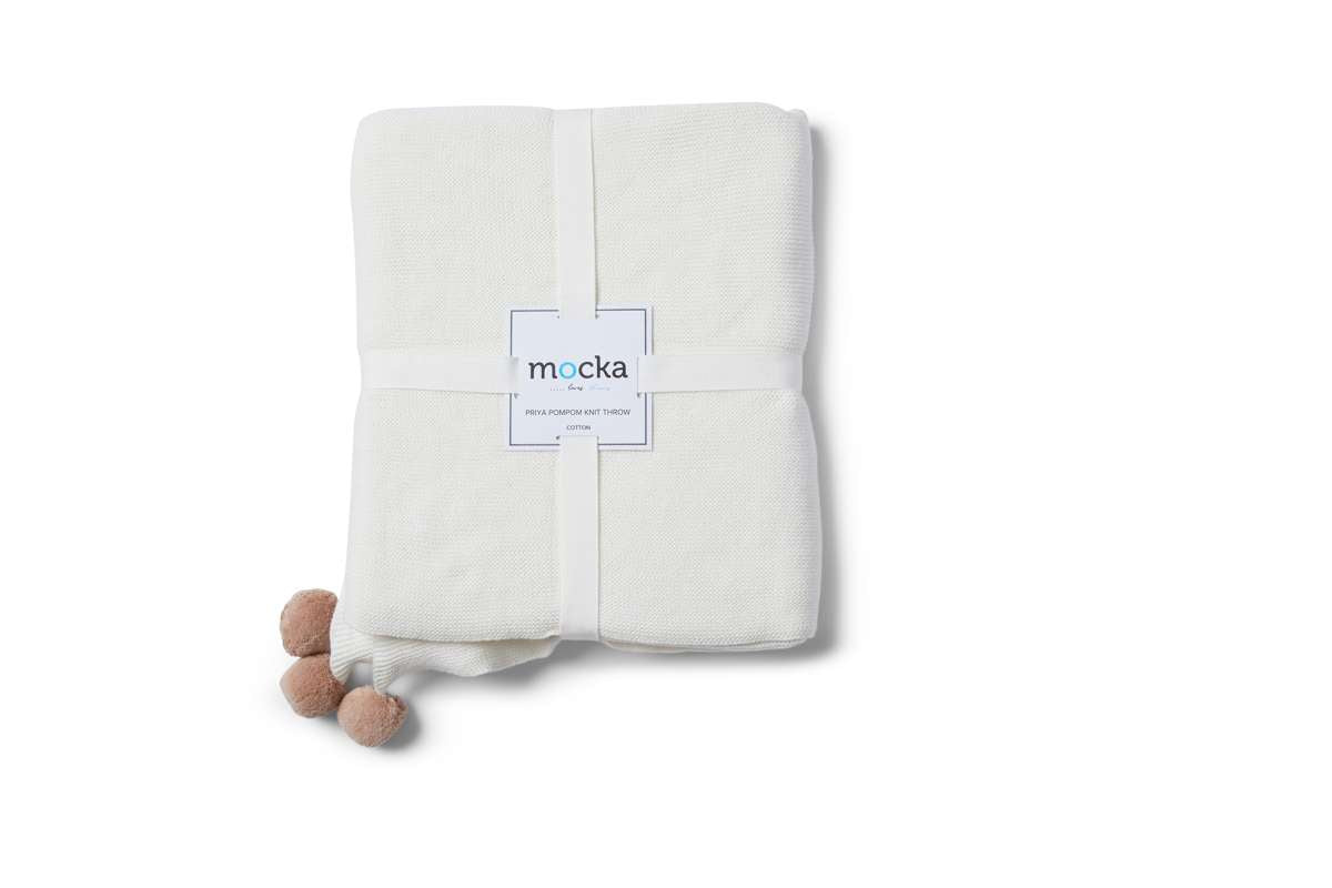 Priya Pompom Knit Throw - Ivory/Pink