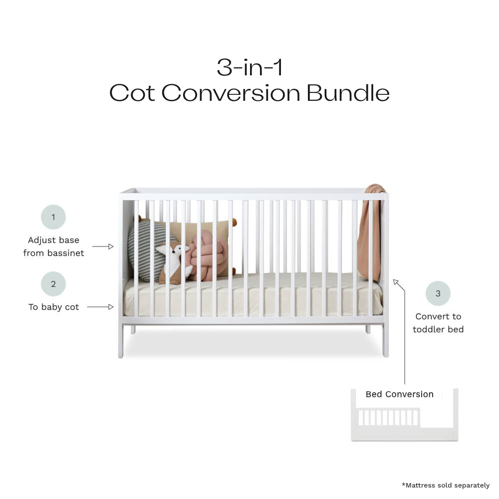 Aspiring White 3-in-1 Cot Conversion Natural Bundle