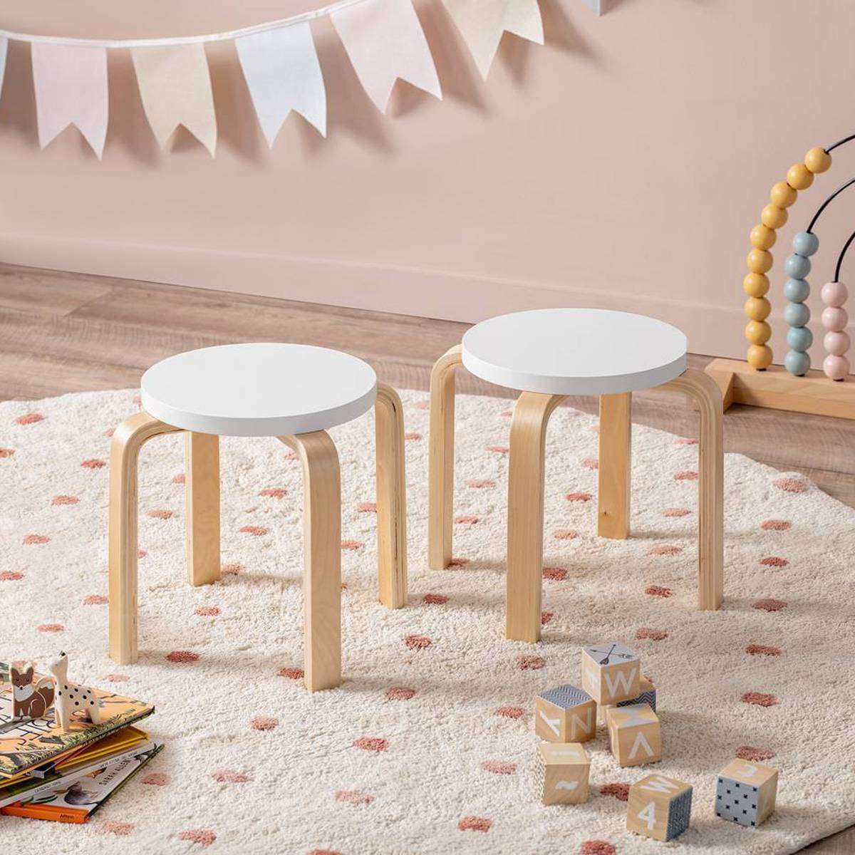 Hudson White Natural Rectangular Four Seater Stool Set