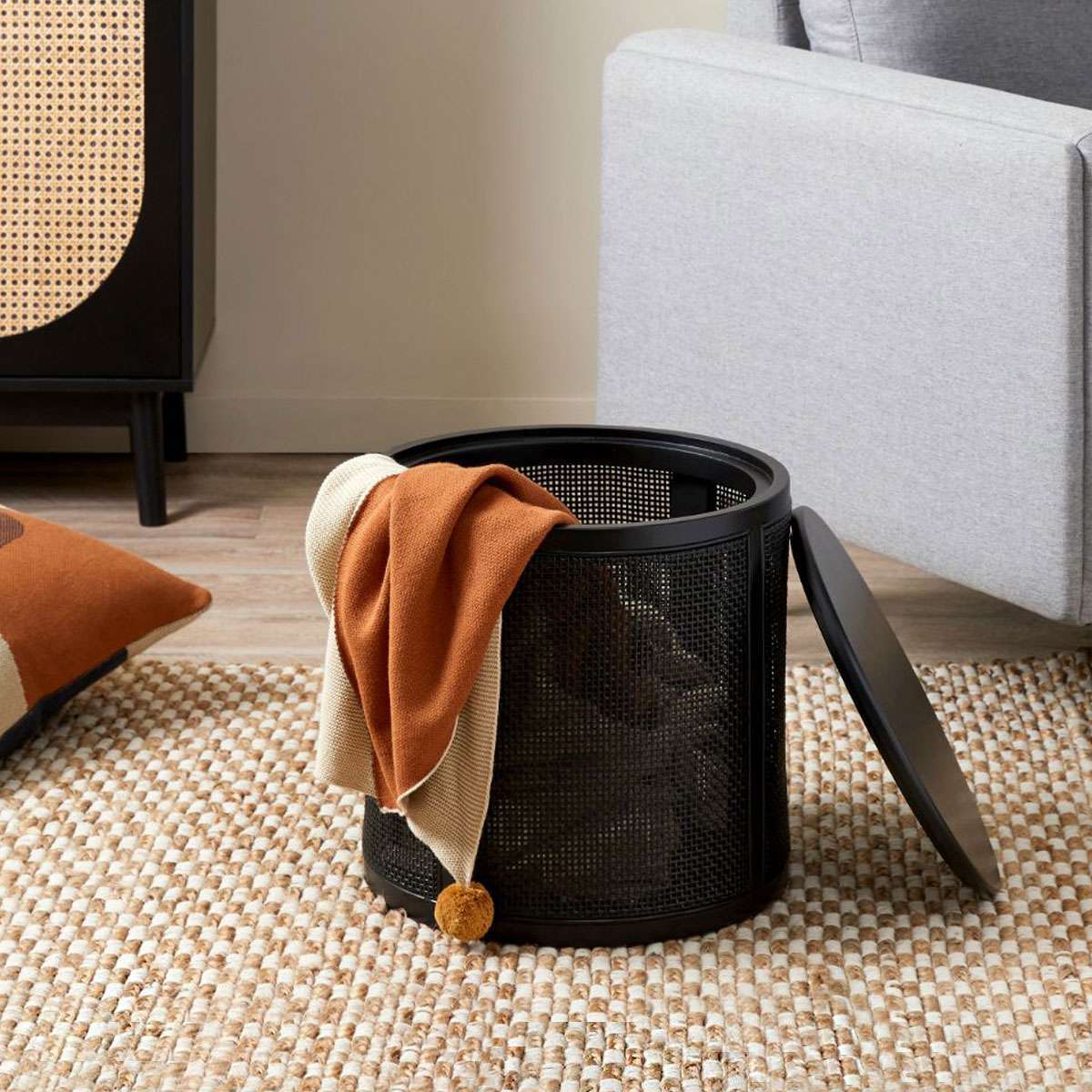 Rattan Storage Ottoman - Black