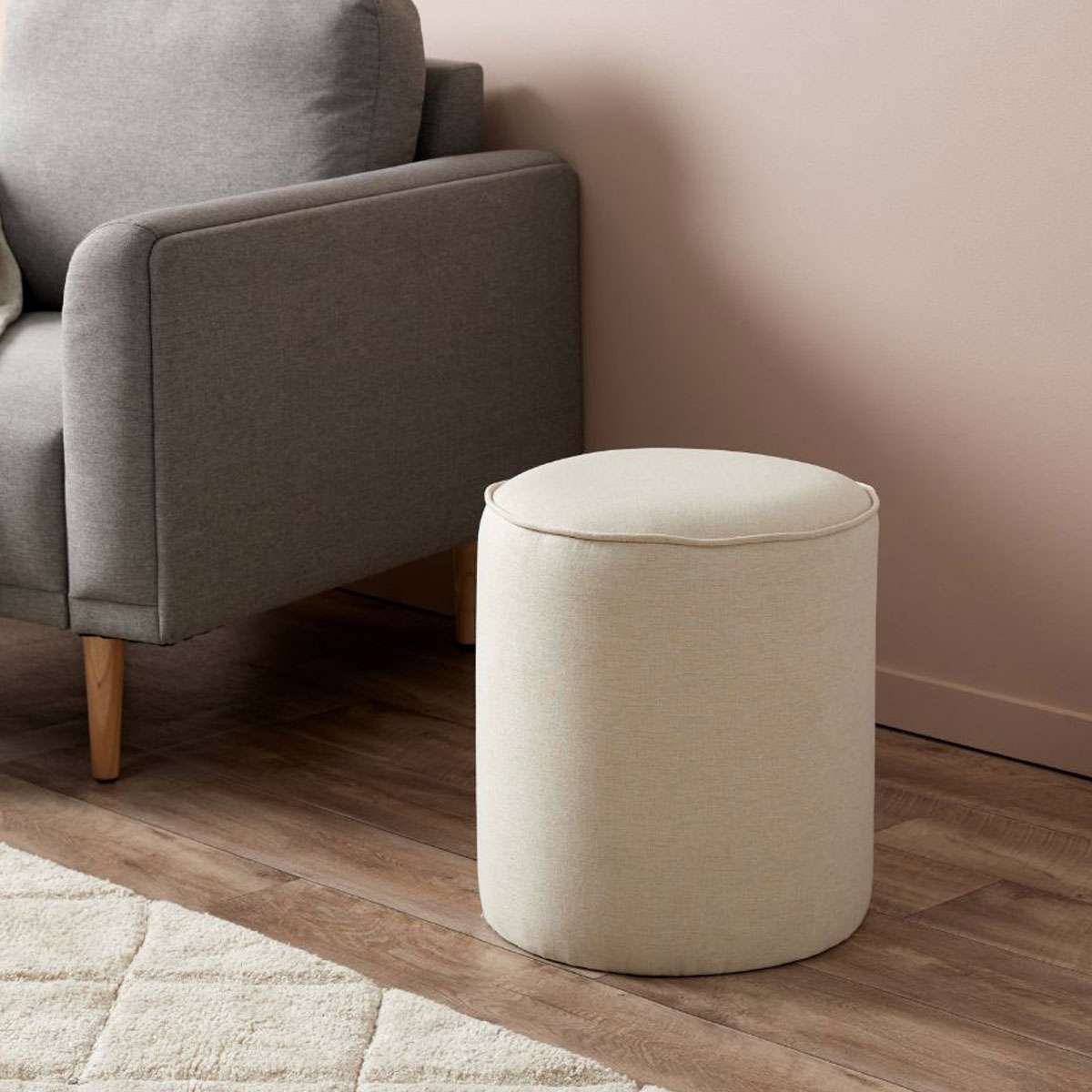Linen Look Ottoman - Small - Natural