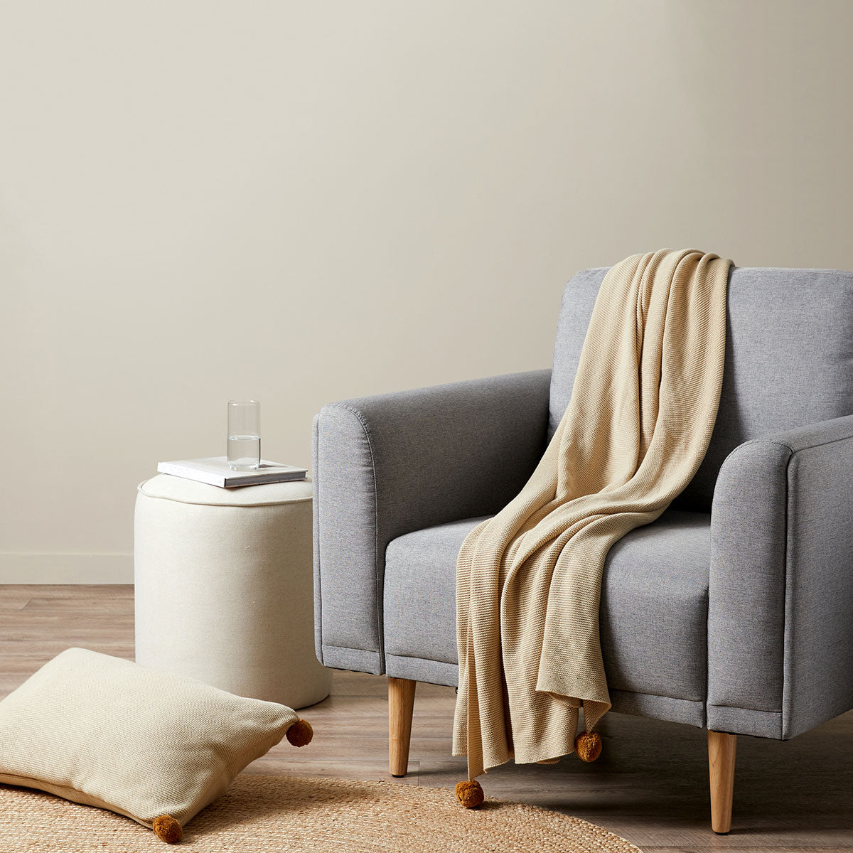 Priya Pompom Knit Throw - Oatmeal/Mustard