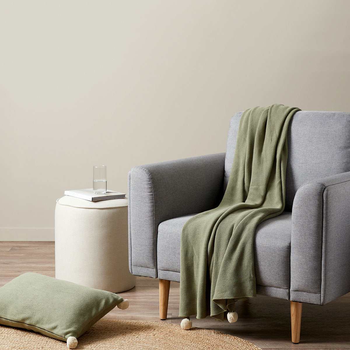 Priya Pompom Knit Throw - Sage/Cream