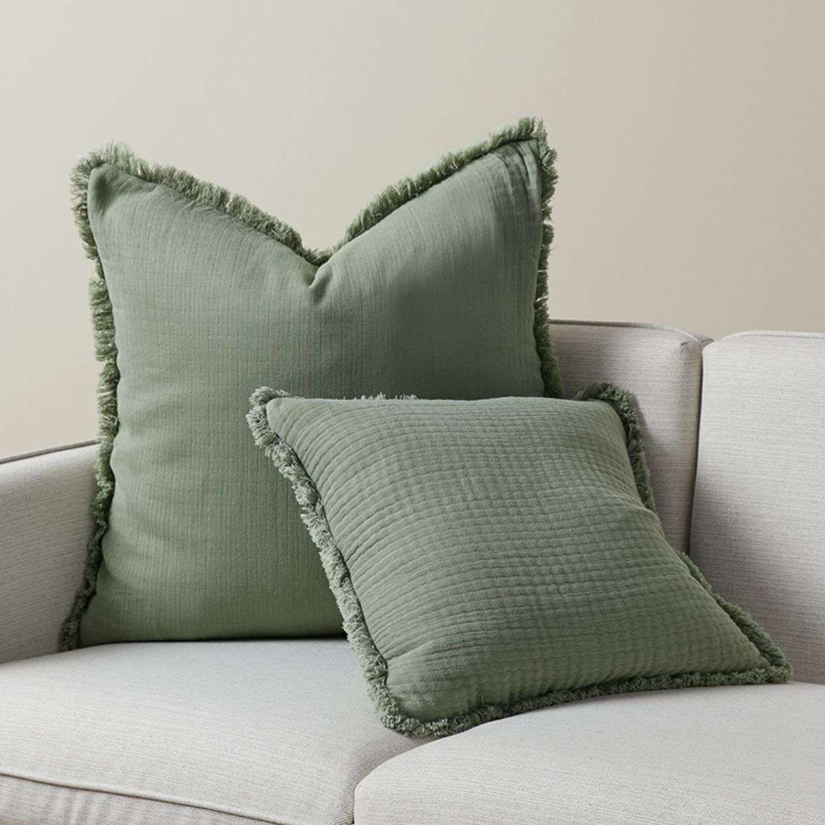 Molly Fringed Cotton Euro Cushion - Khaki Green