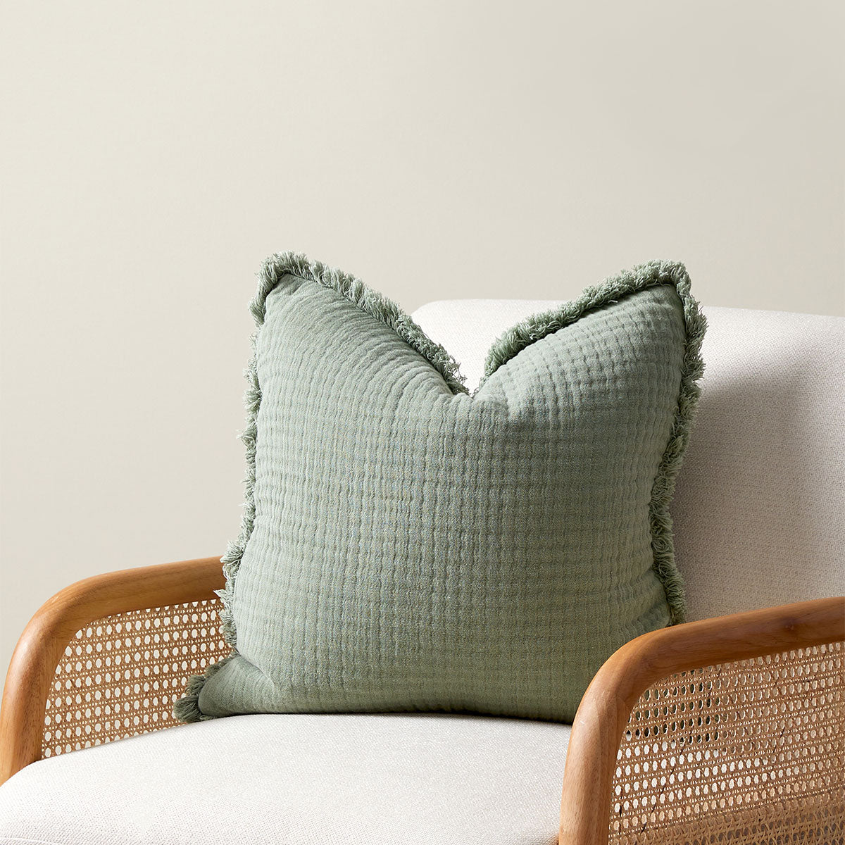 Molly Fringed Cotton Throw Cushion - Khaki Green
