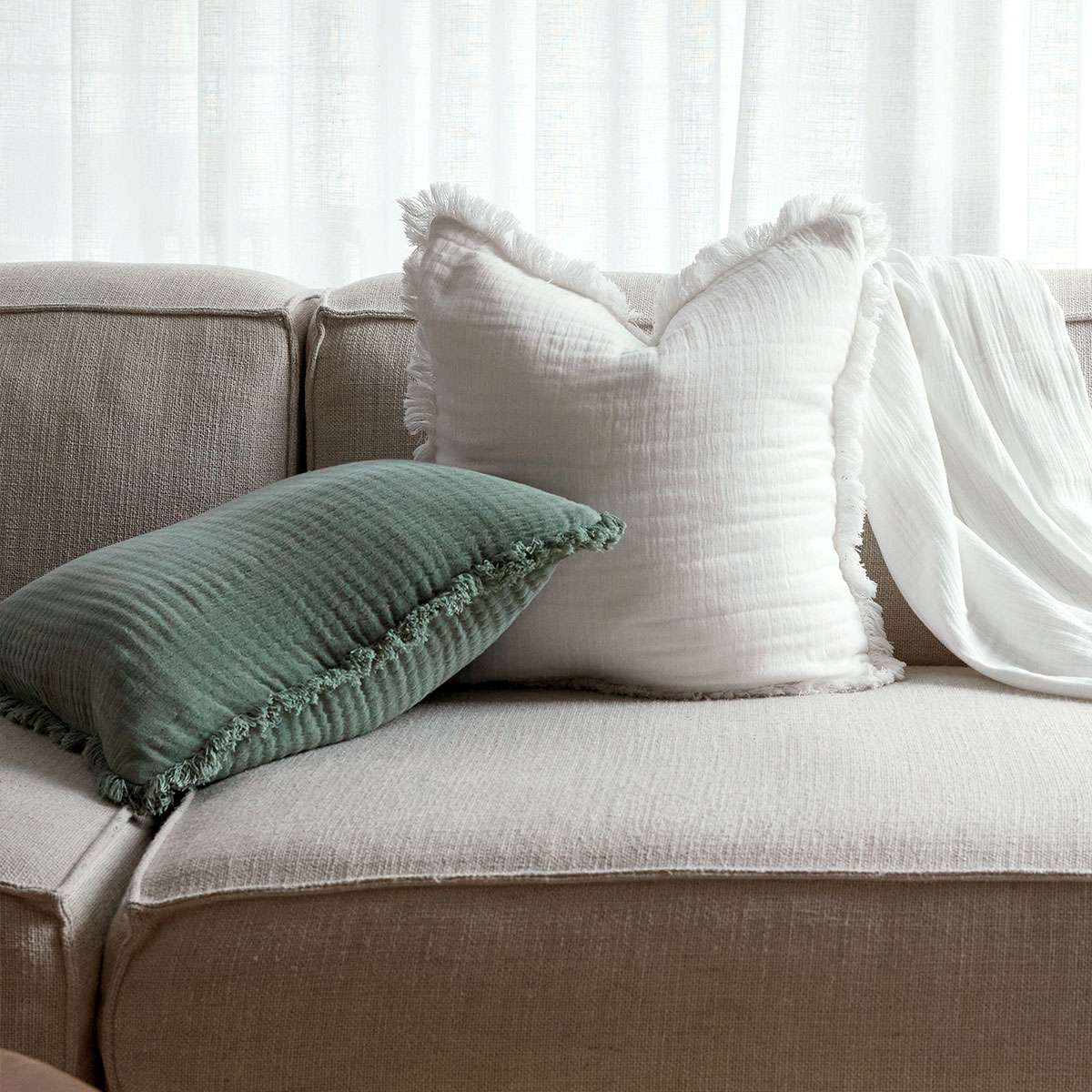 Molly Fringed Cotton Throw Cushion - Khaki Green