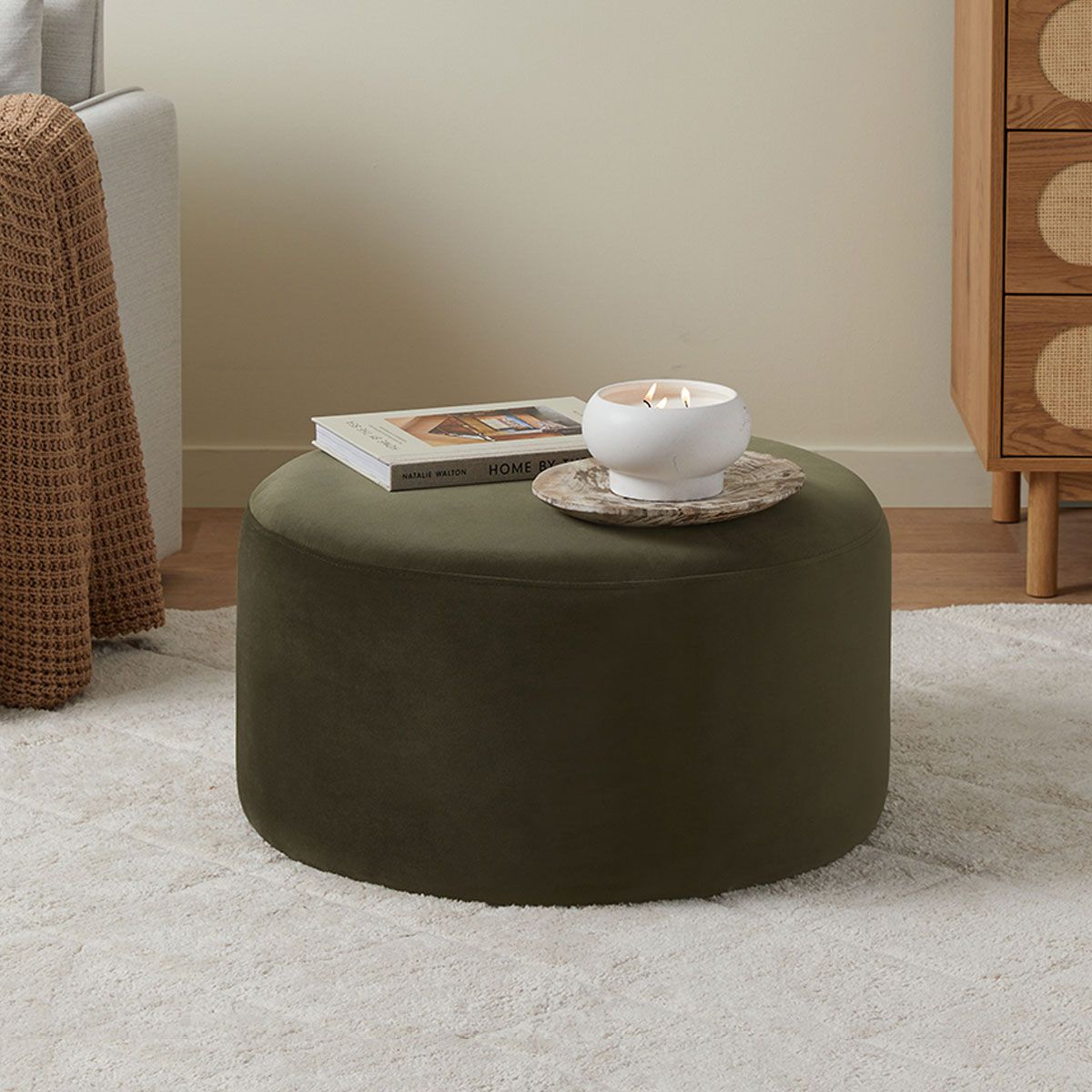 Velvet Ottoman - Large - Olive Green