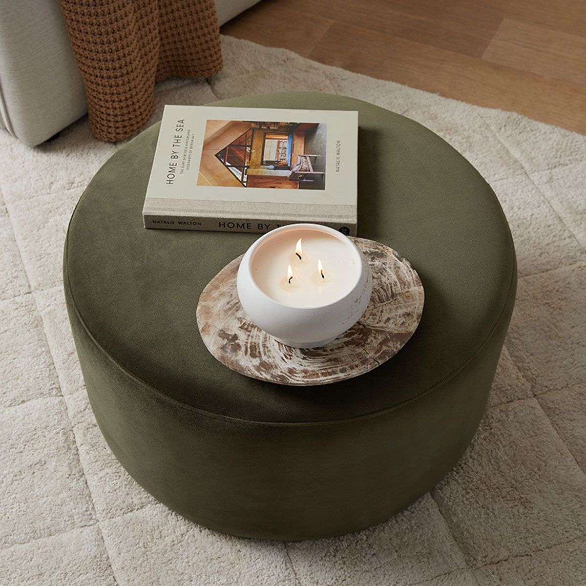 Velvet Ottoman - Large - Olive Green