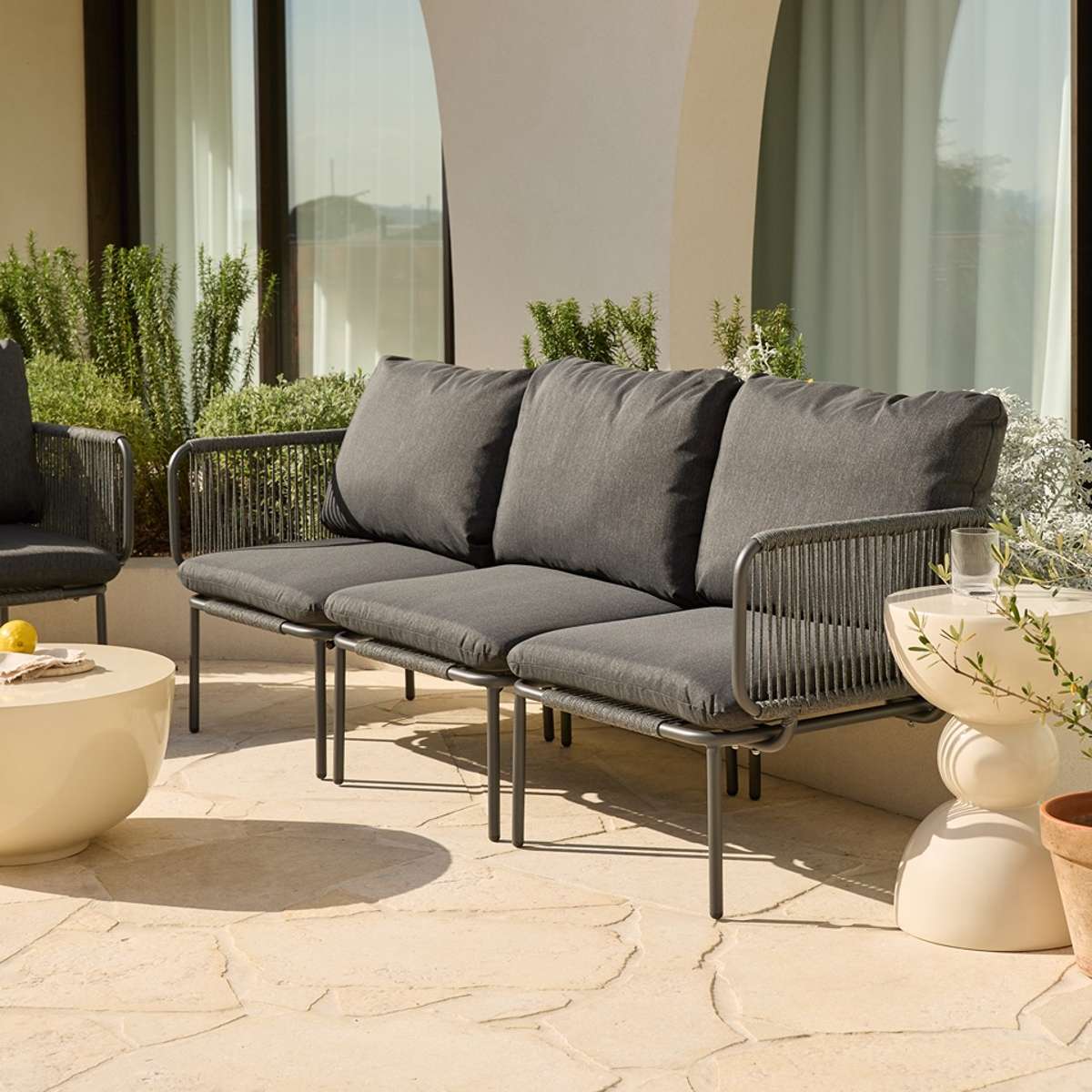 Sorrento Outdoor Armchair and Three Seater Three Piece Set  - Charcoal