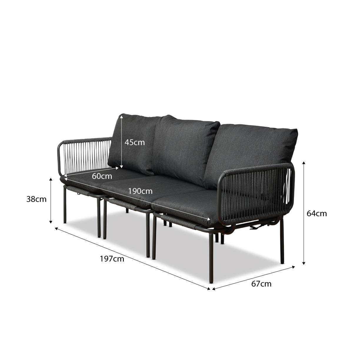 Sorrento Outdoor Armchair and Three Seater Three Piece Set  - Charcoal